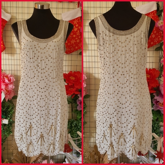 ALANNAH HILL | 100% Silk - Main & Lining | White Beaded Dress Sleeveless | AU 12 - Picture 3 of 15